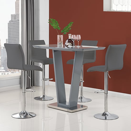 Indio Grey High Gloss Bar Table With 4 Rifle Grey Stools