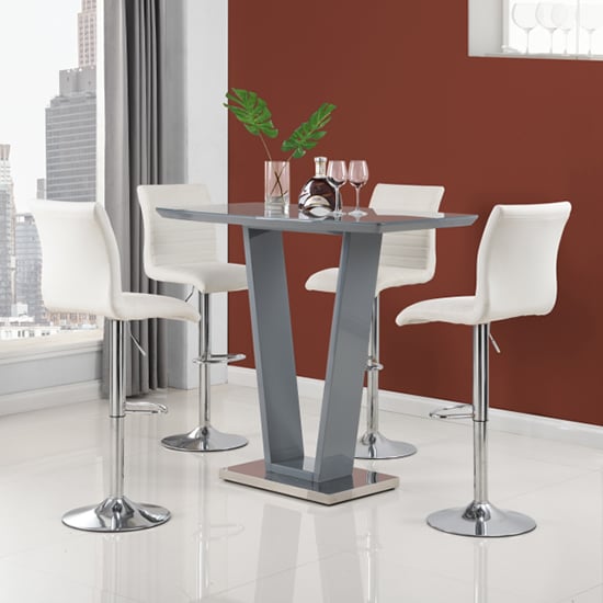 Indio Grey High Gloss Bar Table With 4 Rifle White Stools