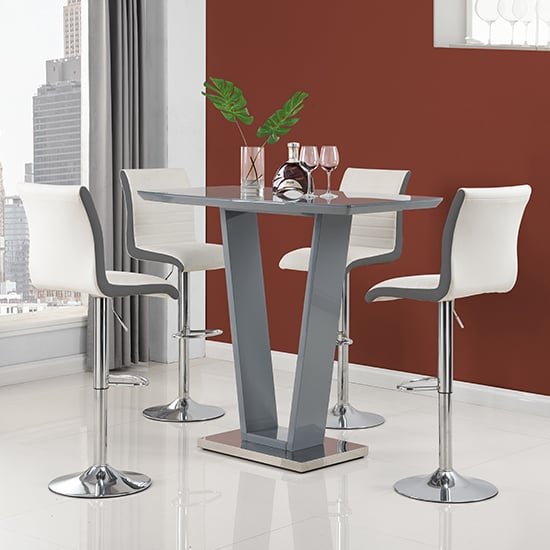 Indio Grey High Gloss Bar Table With 4 Riga White Grey Stools