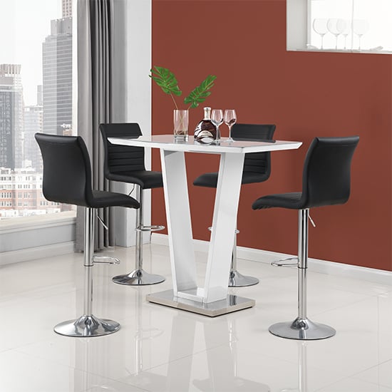 Indio White High Gloss Bar Table With 4 Rifle Black Stools