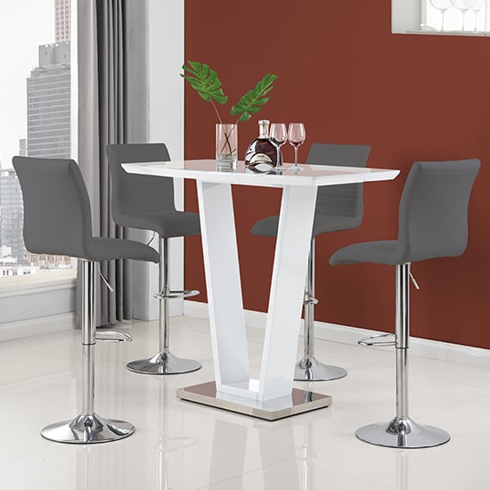Indio White High Gloss Bar Table With 4 Rifle Grey Stools