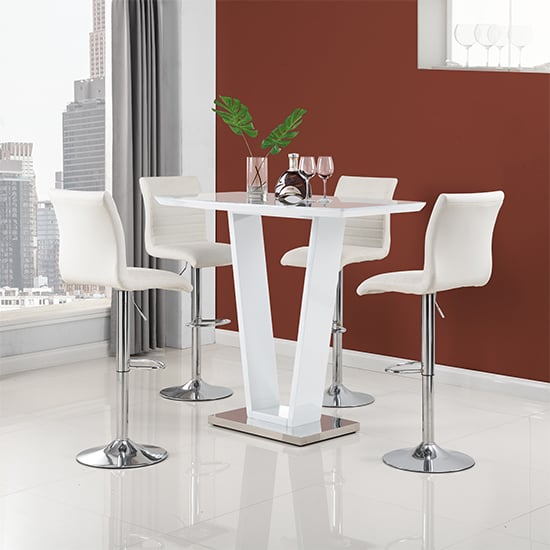 Indio White High Gloss Bar Table With 4 Rifle White Stools