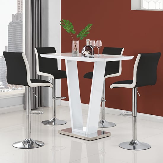 Indio White High Gloss Bar Table With 4 Riga Black White Stools