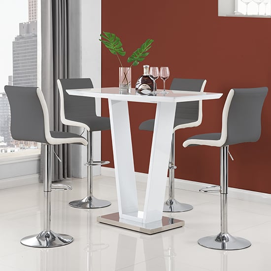 Indio White High Gloss Bar Table With 4 Riga Grey White Stools