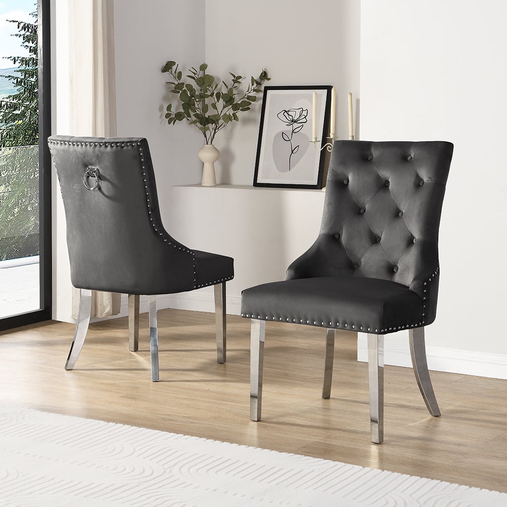 Irvine Black Velvet Button Back Dining Chairs In Pair