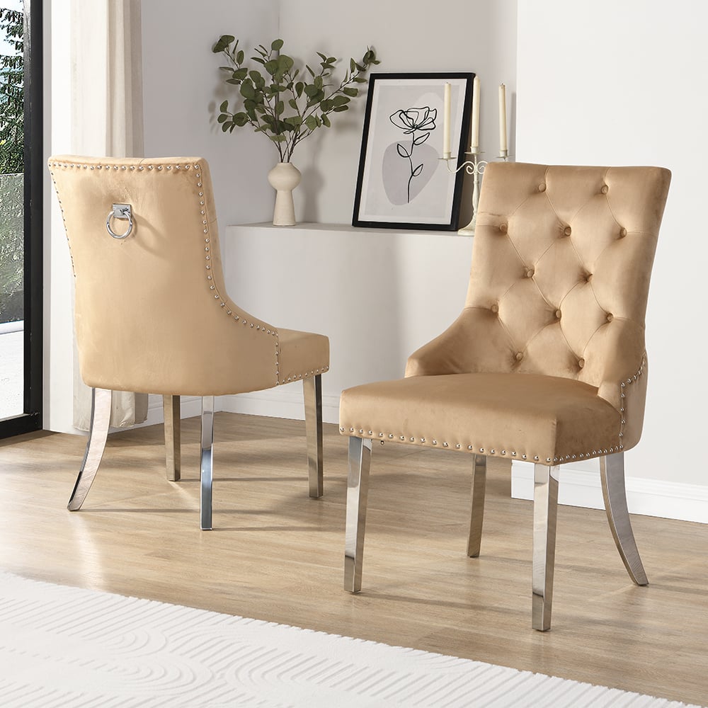 Irvine Champagne Velvet Button Back Dining Chairs In Pair