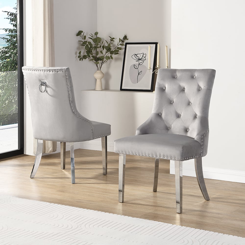 Irvine Grey Velvet Button Back Dining Chairs In Pair