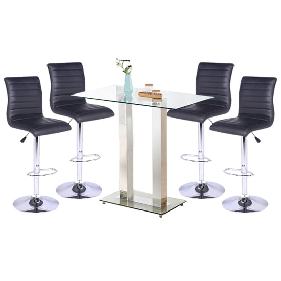 Joliet Clear Glass Top Bar Table With 4 Rifle Black Stools