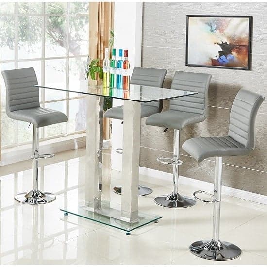 Joliet Clear Glass Top Bar Table With 4 Rifle Grey Stools