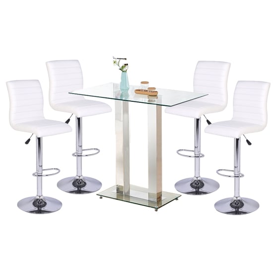 Joliet Clear Glass Top Bar Table With 4 Rifle White Stools