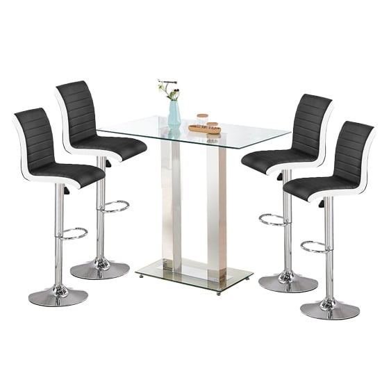 Joliet Clear Glass Top Bar Table With 4 Riga Black White Stools