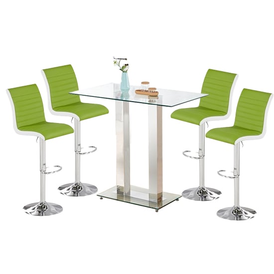 Joliet Clear Glass Top Bar Table With 4 Riga Green White Stools