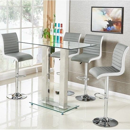 Joliet Clear Glass Top Bar Table With 4 Riga Grey White Stools