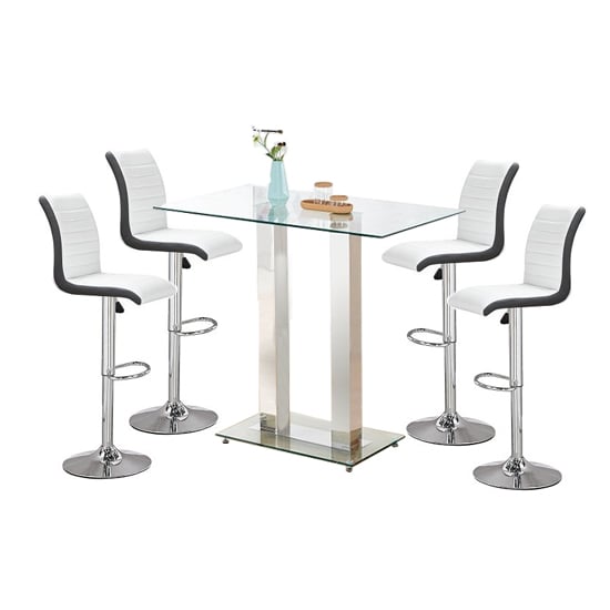 Joliet Clear Glass Top Bar Table With 4 Riga White Black Stools