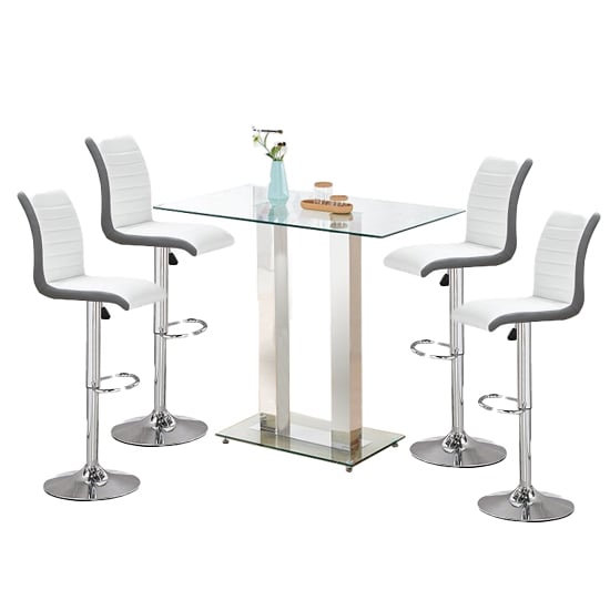 Joliet Clear Glass Top Bar Table With 4 Riga White Grey Stools