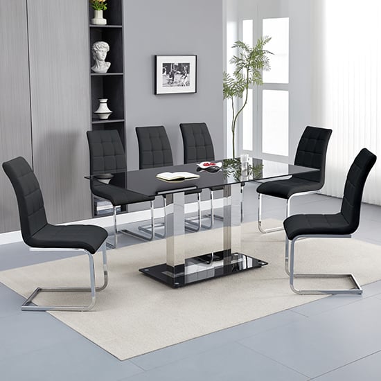 Joliet Large Black Glass Dining Table With 6 Paradise Black Chairs