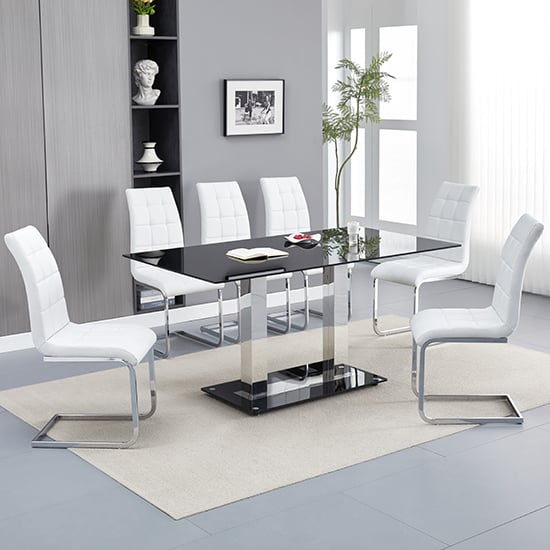 Joliet Large Black Glass Dining Table With 6 Paradise White Chairs