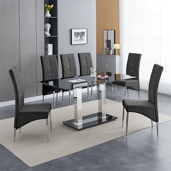 Joliet Large Black Glass Dining Table With 6 Versilia Black Chairs