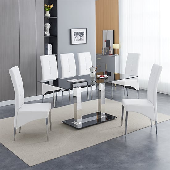 Joliet Large Black Glass Dining Table With 6 Versilia White Chairs