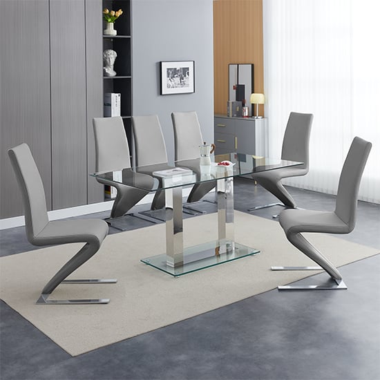 Joliet Large Clear Glass Dining Table With 6 Destin Z Grey Chairs
