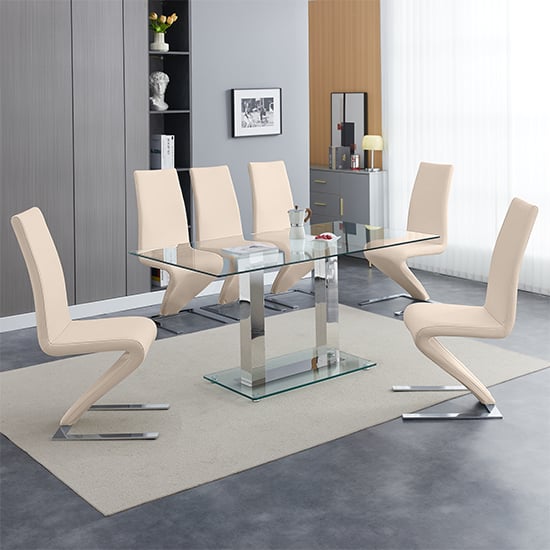 Joliet Large Clear Glass Dining Table With 6 Destin Z Taupe Chairs