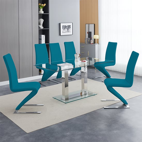 Joliet Large Clear Glass Dining Table With 6 Destin Z Teal Chairs