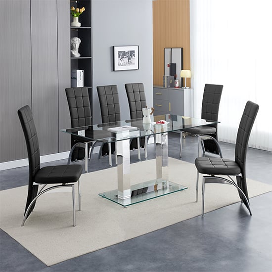 Joliet Large Clear Glass Dining Table With 6 Riverton Black Chairs