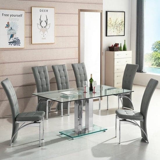 Joliet Large Clear Glass Dining Table With 6 Riverton Grey Chairs