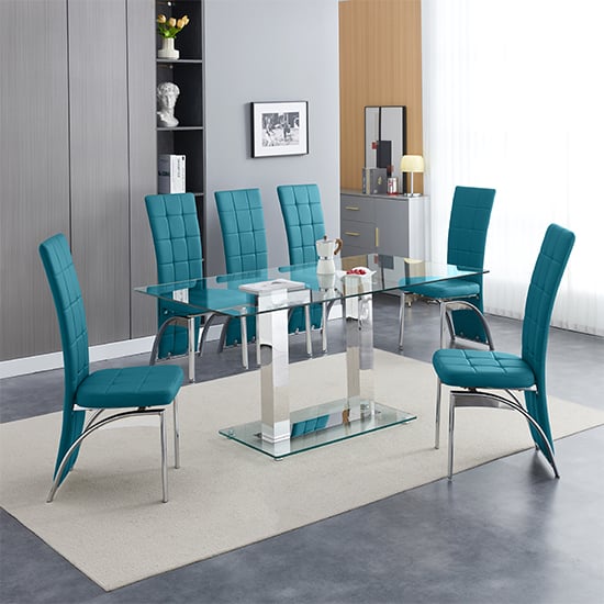 Joliet Large Clear Glass Dining Table With 6 Riverton Teal Chairs