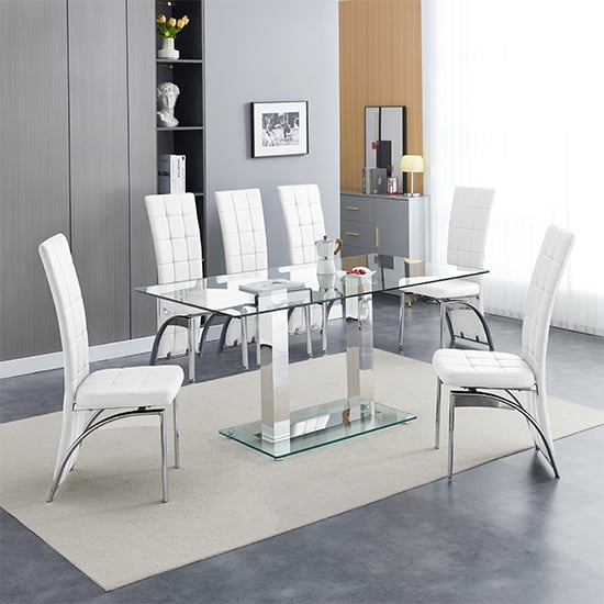 Joliet Large Clear Glass Dining Table With 6 Riverton White Chairs