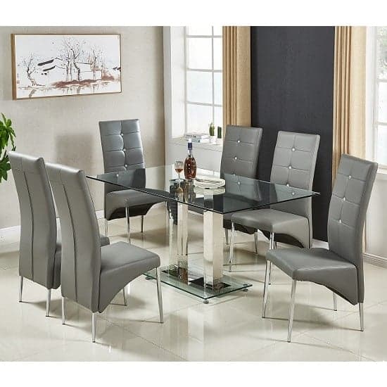 Joliet Large Clear Glass Dining Table With 6 Versilia Grey Chairs