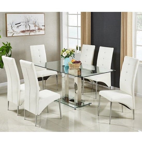 Joliet Large Clear Glass Dining Table With 6 Versilia White Chairs