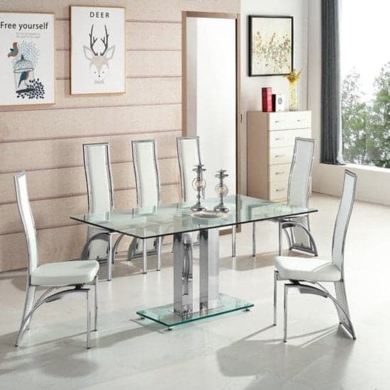 Joliet Large Glass Dining Table In Clear And 6 Chickasha White Chairs