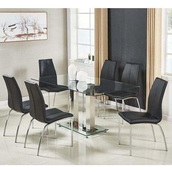 Joliet Large Glass Dining Table In Clear And 6 Opelika Black Chairs