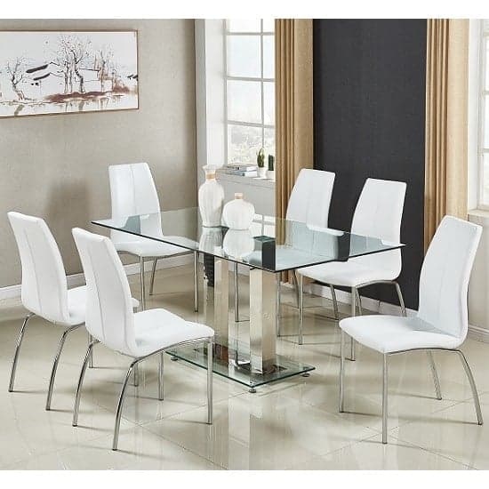 Joliet Large Glass Dining Table In Clear And 6 Opelika White Chairs