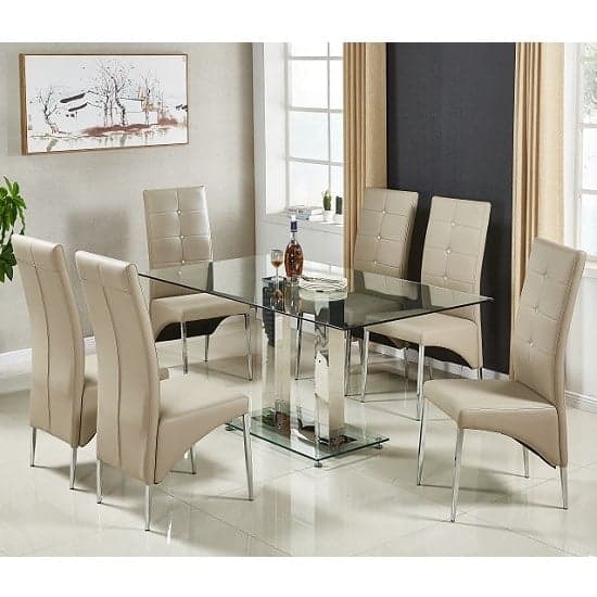 Joliet Large Glass Dining Table In Clear And 6 Versilia Taupe Chairs