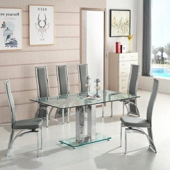 Joliet Large Glass Dining Table In Clear With 6 Chickasha Grey Chairs