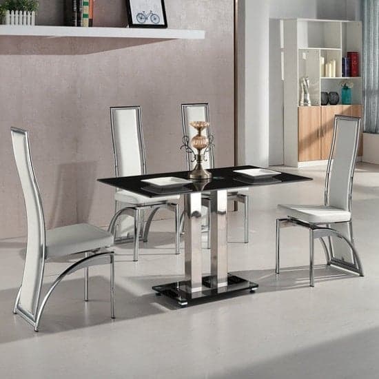 Joliet Small Black Glass Dining Table With 4 Chickasha White Chairs