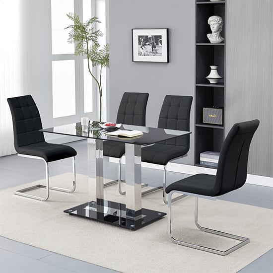 Joliet Small Black Glass Dining Table With 4 Paradise Black Chairs