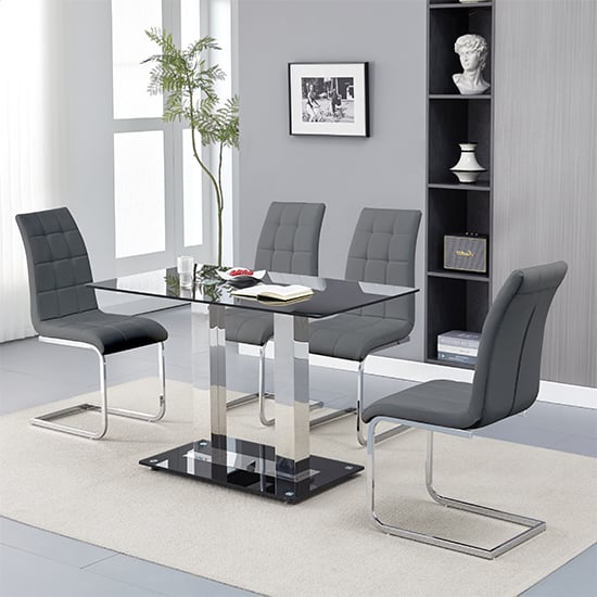 Joliet Small Black Glass Dining Table With 4 Paradise Grey Chairs