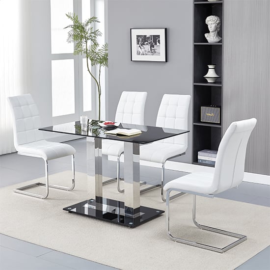 Joliet Small Black Glass Dining Table With 4 Paradise White Chairs