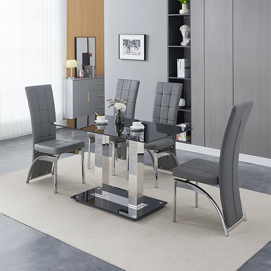 Joliet Small Black Glass Dining Table With 4 Riverton Grey Chairs