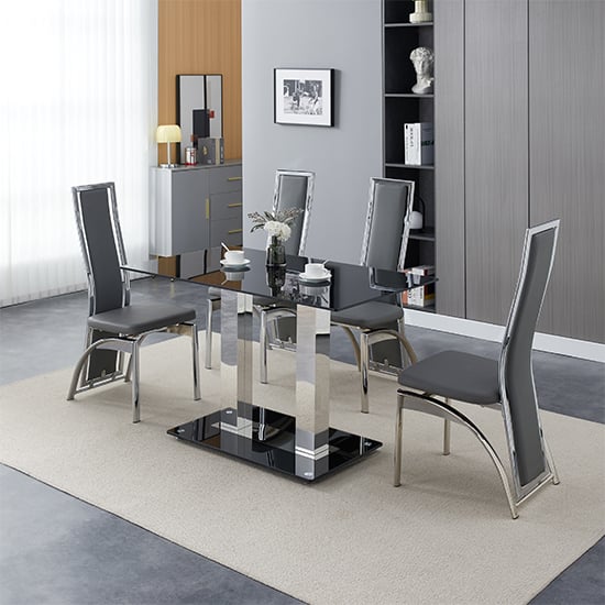 Joliet Small Black Glass Dining Table With 4 Chickasha Grey Chairs