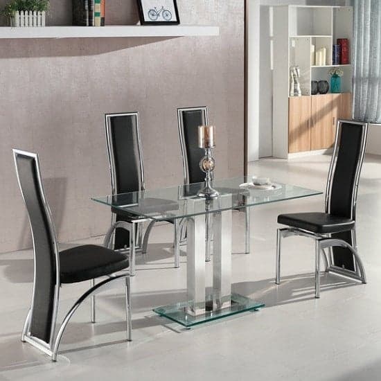 Joliet Small Clear Glass Dining Table With 4 Chickasha Black Chairs