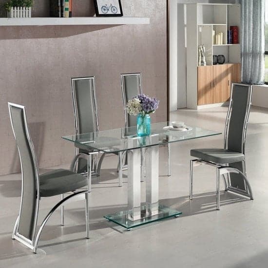 Joliet Small Clear Glass Dining Table With 4 Chickasha Grey Chairs