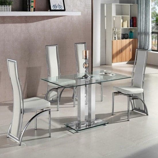 Joliet Small Clear Glass Dining Table With 4 Chickasha White Chairs