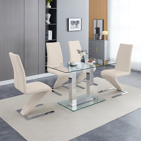 Joliet Small Clear Glass Dining Table With 4 Destin Z Taupe Chairs