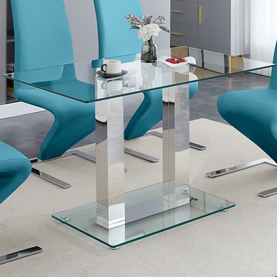 Joliet Small Clear Glass Dining Table With 4 Destin Z Teal Chairs