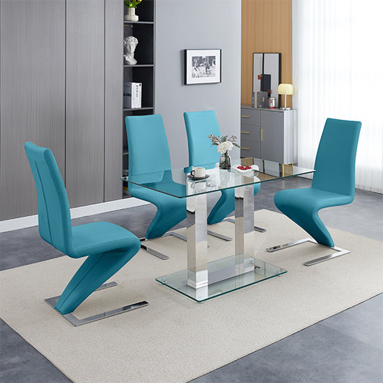 Joliet Small Clear Glass Dining Table With 4 Destin Z Teal Chairs