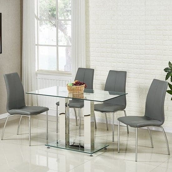 Joliet Small Clear Glass Dining Table With 4 Opelika Grey Chairs